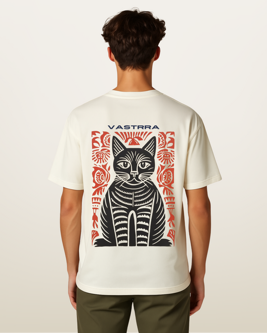 Vastrra Oversized Graphic T-Shirt for Men – Cream White | Bold Black Cat Print with Tribal Pattern | Streetwear Casual Tee