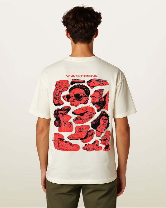 Vastrra Graphic Printed Oversized T-Shirt for Men – White | Cool Hand-Drawn Cartoon Faces Back Print | Casual Streetwear