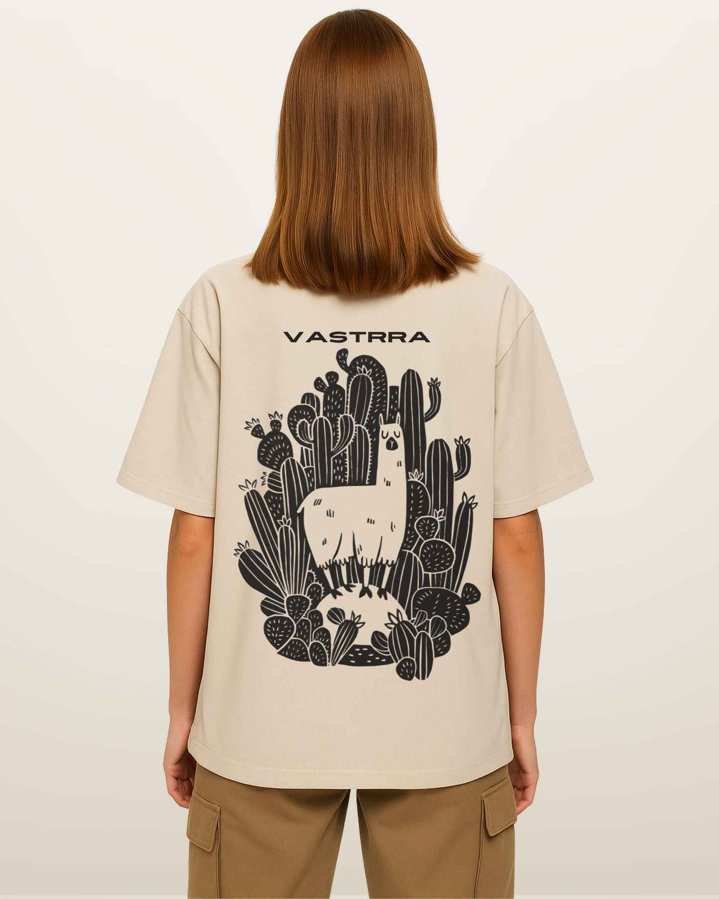 Vastrra Graphic Printed Oversized T-Shirt for Women – Beige | Cute Llama with Cactus Back Print | Casual Streetwear