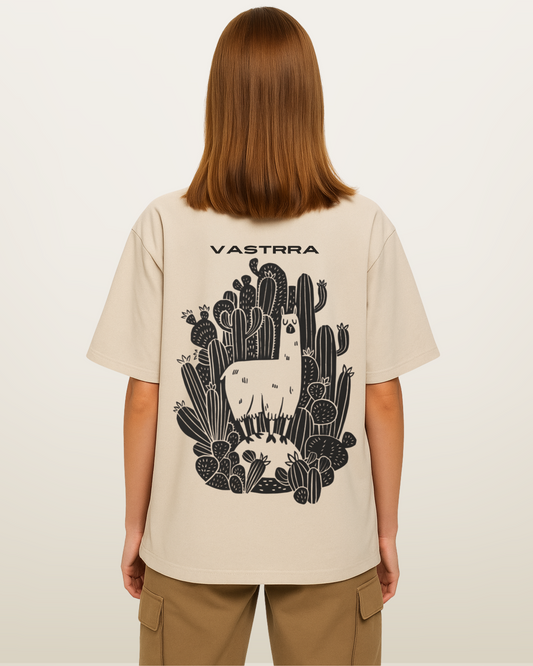 Vastrra Graphic Printed Oversized T-Shirt for Women – Beige | Cute Llama with Cactus Back Print | Casual Streetwear