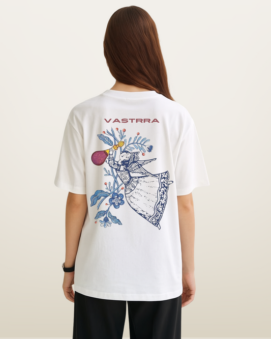 Vastrra Oversized Graphic T-Shirt for Women – White | Indian Folk Art-Inspired Angel Print | Artistic Casual Streetwear